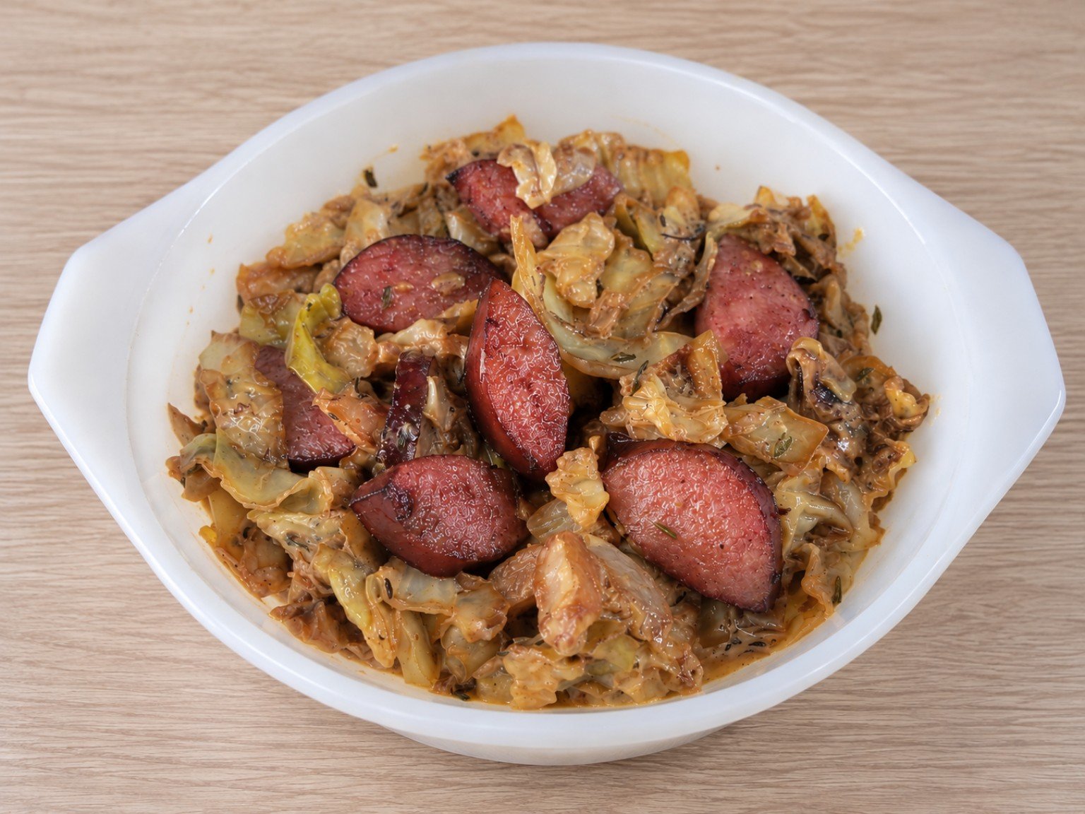 Creamy cabbage and kielbasa with golden cabbage, browned sausage, and a rich mustard cream sauce