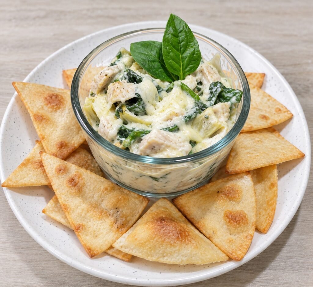 Keto spinach artichoke dip with chicken in a glass bowl, surrounded by golden, crispy tortilla chips.