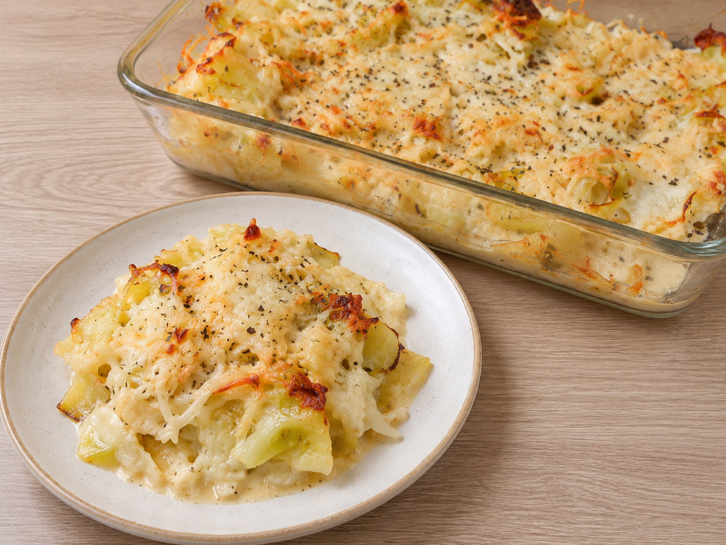 keto cabbage gratin topped with golden, melted Asiago and Parmesan cheese.