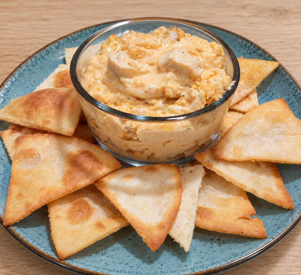 Keto Buffalo chicken dip with shredded chicken and melted cheese, served warm as a creamy appetizer.
