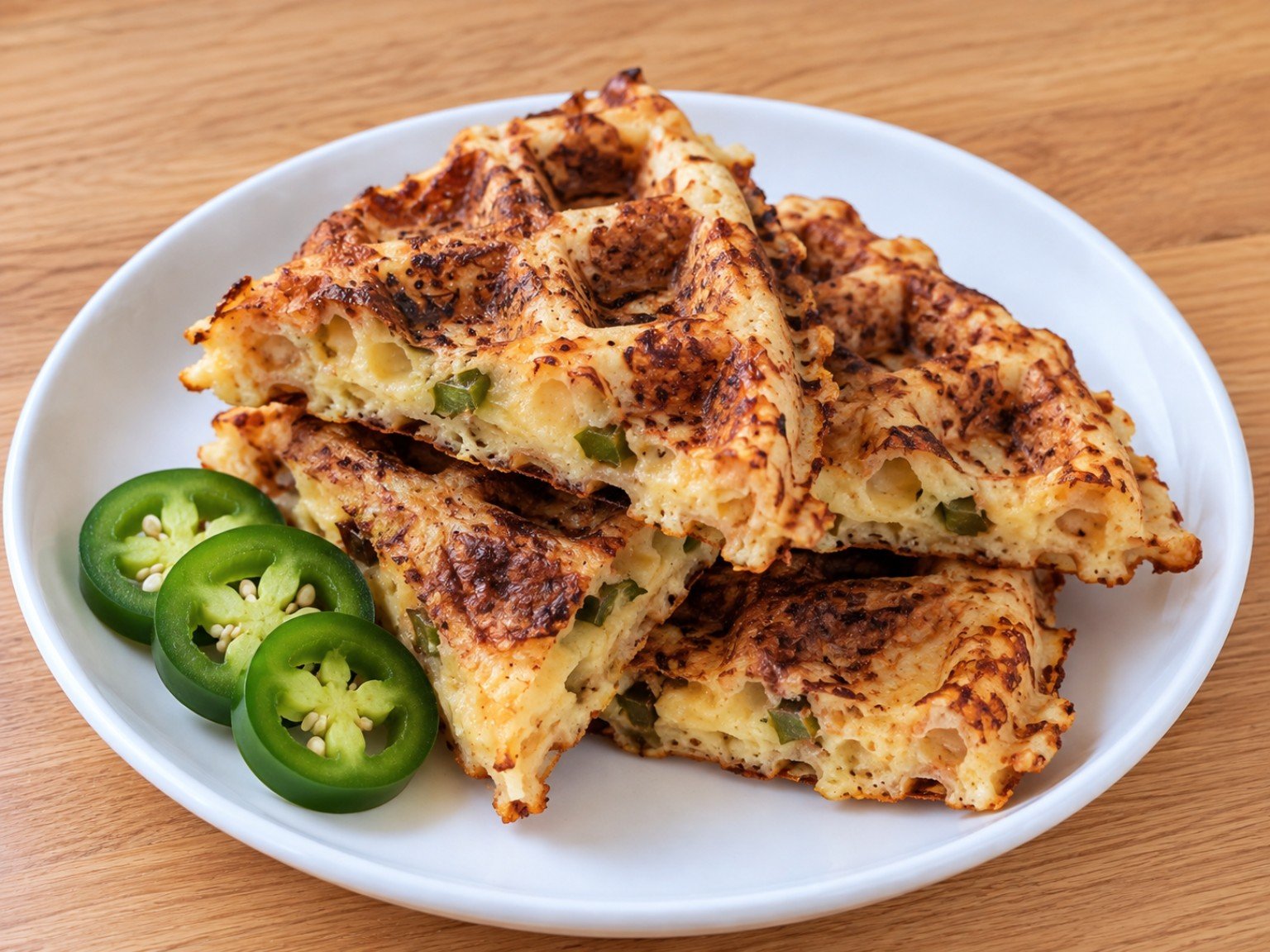 Keto jalapeño bacon cheddar chaffles with, golden and crispy with melted cheese and diced jalapeños.