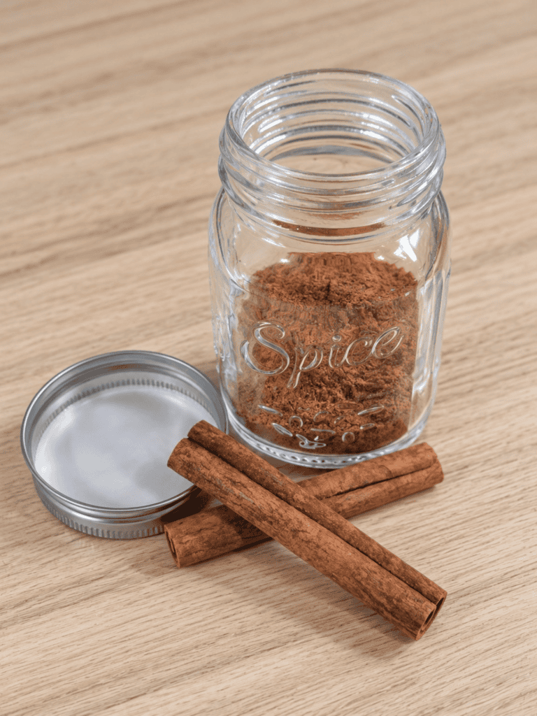 Homemade pumpkin spice blend in a small glass jar, made with cinnamon, ginger, nutmeg, allspice, and cloves.