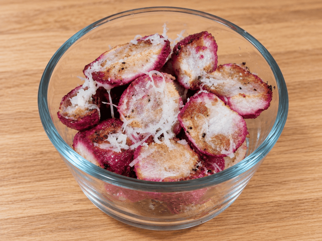 Halved garlic Parmesan roasted radishes with golden-brown surfaces, pink skins, and shredded Parmesan cheese in a clear glass bowl on a light oak countertop.