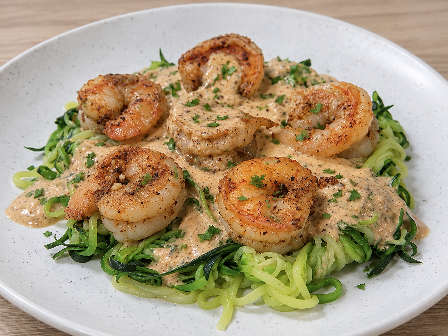 Creamy Cajun Parmesan Shrimp with Zoodles topped with a rich Parmesan cream sauce