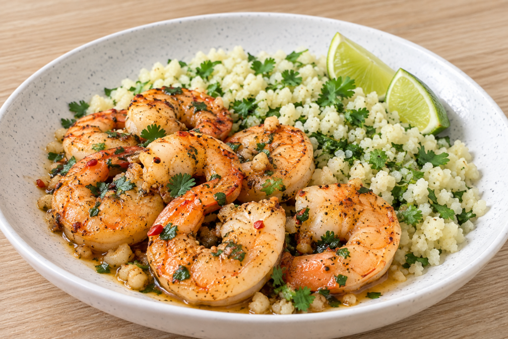 Chili lime garlic butter shrimp served over cilantro-lime cauliflower rice