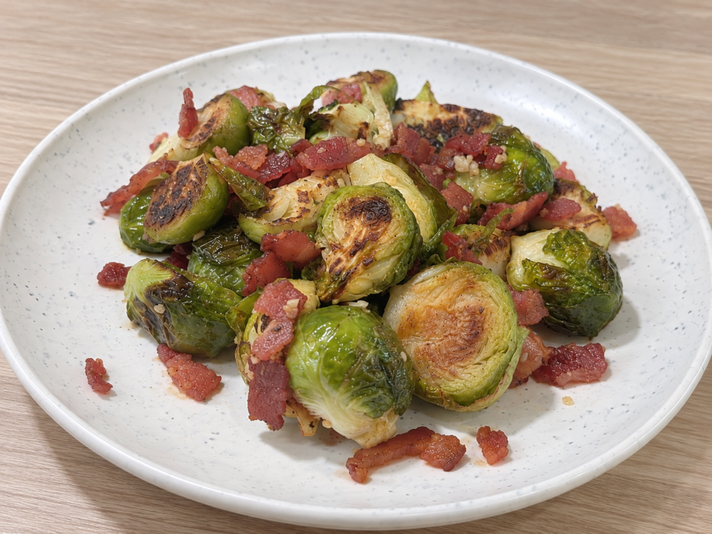 Buttery bacon roasted Brussels sprouts with garlic and crispy bacon