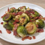 Buttery bacon roasted Brussels sprouts with garlic and crispy bacon