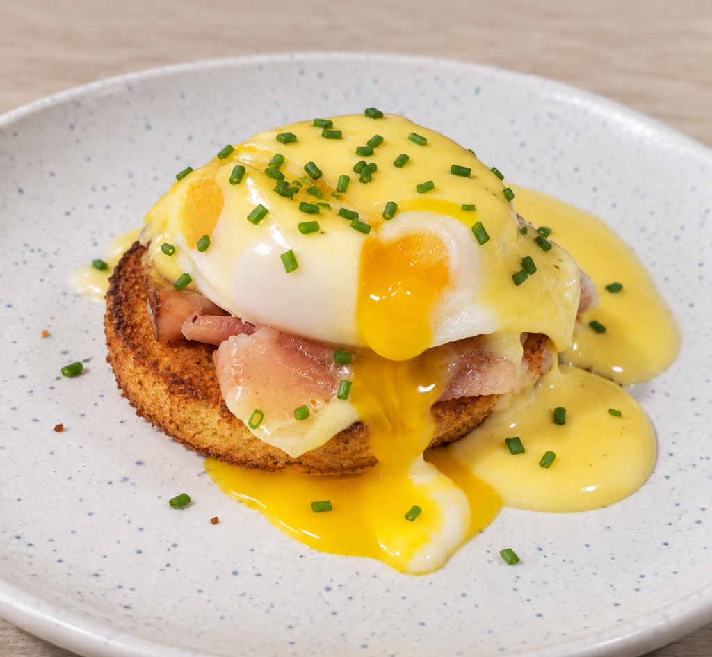 Keto Prosciutto Eggs Benedict with poached eggs, prosciutto, and creamy hollandaise sauce