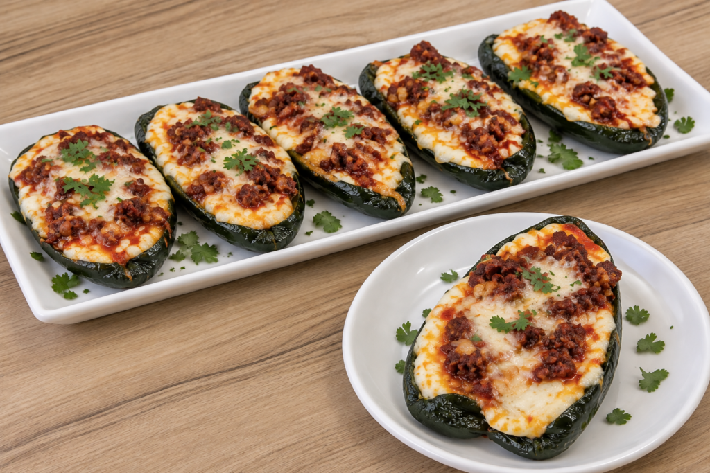 Creamy chorizo-stuffed poblano peppers topped with melted Monterey Jack cheese