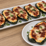 Creamy chorizo-stuffed poblano peppers topped with melted Monterey Jack cheese