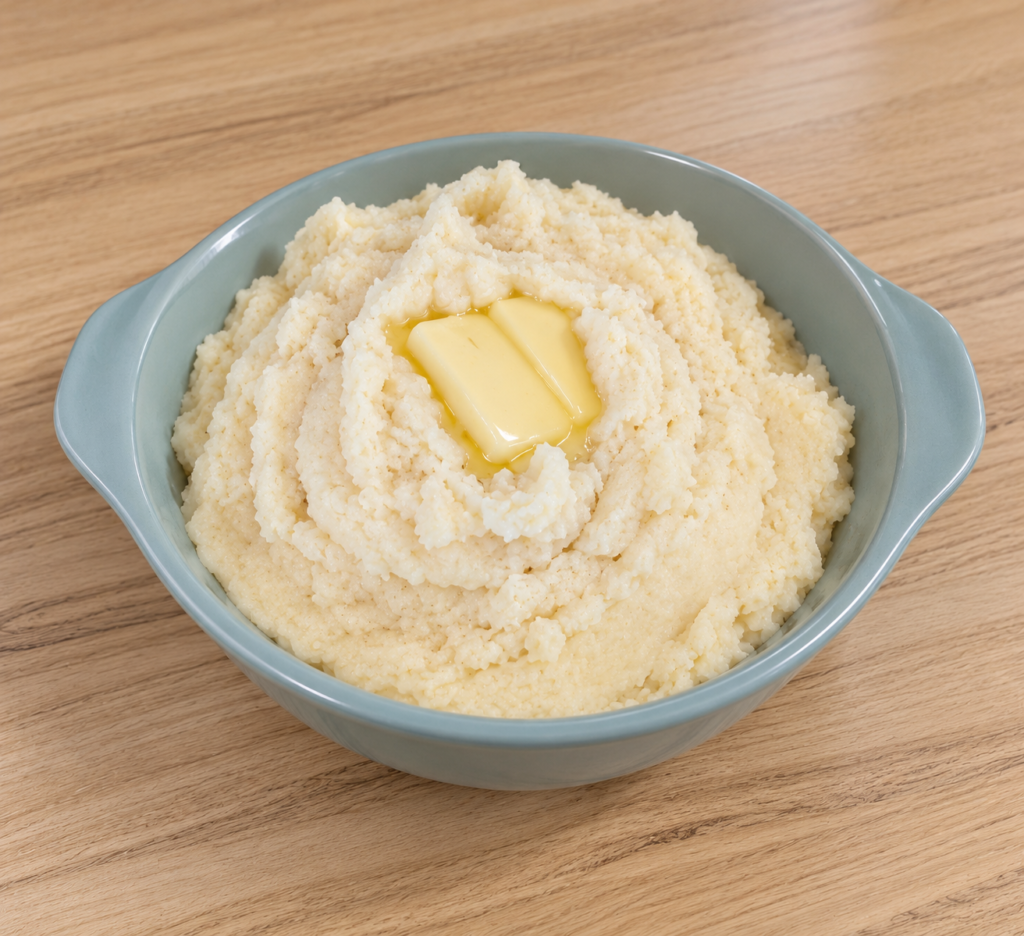 Garlic Parmesan mashed cauliflower in a serving bowl