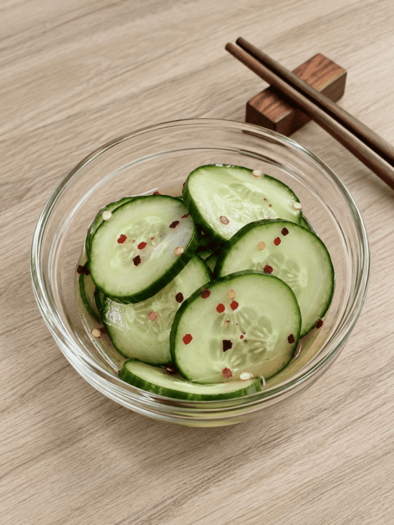Thinly sliced English cucumbers in a glass bowl with tangy dressing and red pepper flakes, prepared as a keto sunomono cucumber salad.