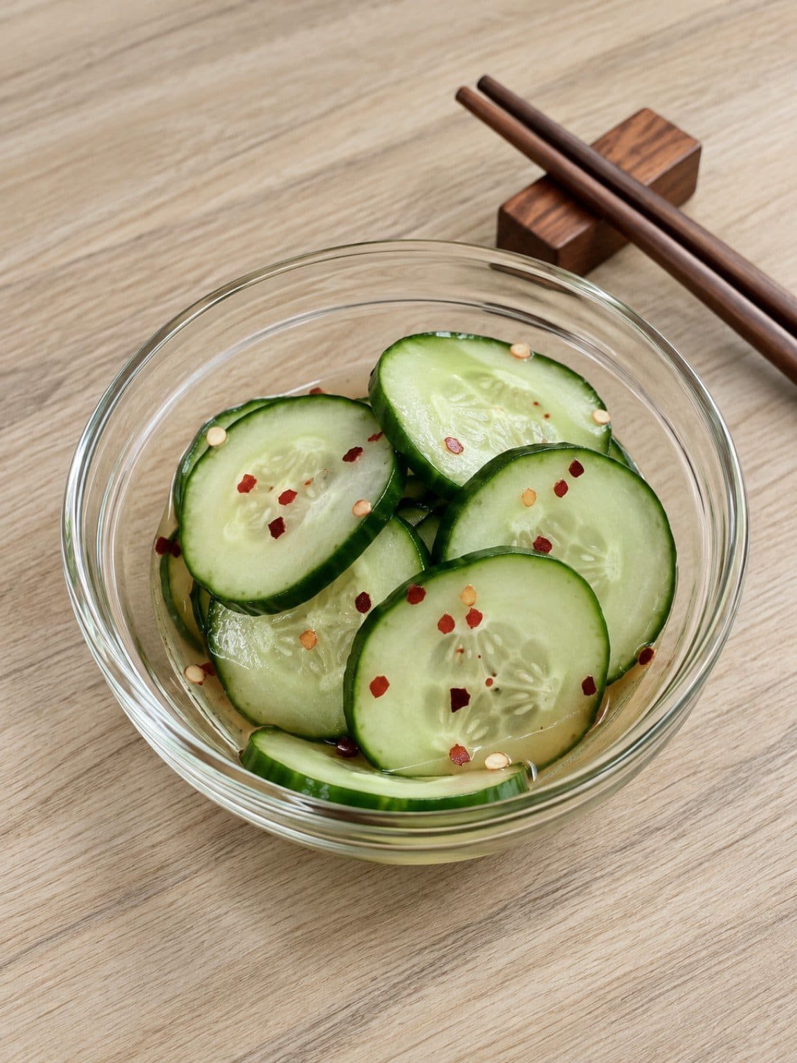 Thinly sliced English cucumbers in a glass bowl with tangy dressing and red pepper flakes, prepared as a keto sunomono cucumber salad.