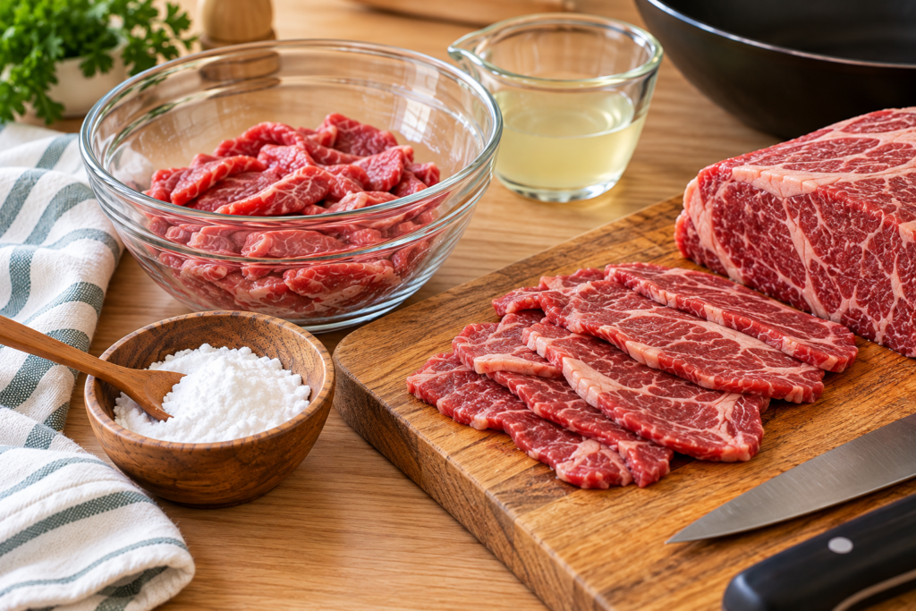 Thin slices of marbled raw beef prepared for baking soda velveting to help keep meat tender.