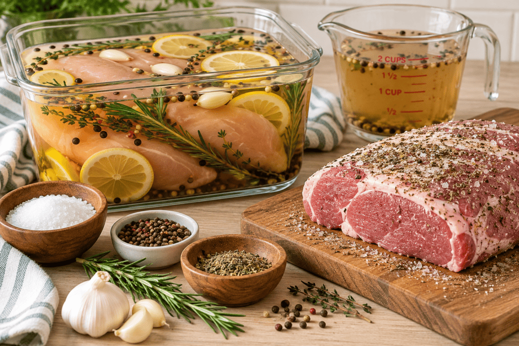Illustration of meat brining techniques for keeping chicken and pork tender and juicy